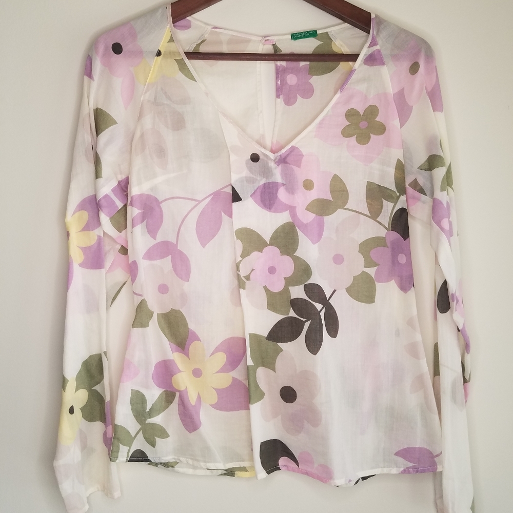 Benetton Floral Long Sleeve Blouse Sz XS